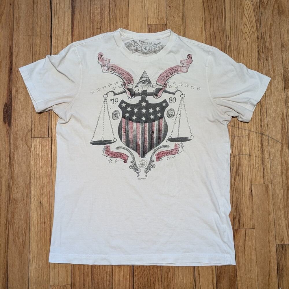 Express Grunge Mens Graphic T-Shirt White Freedom Liberty 1980 Shield Flag